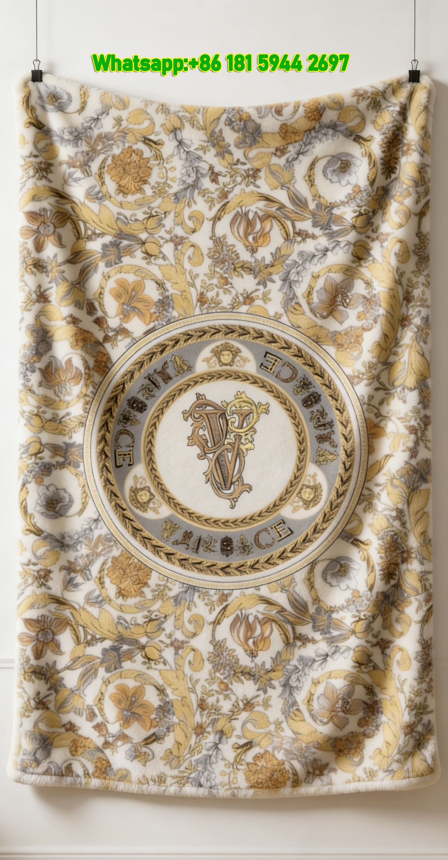Versace White and Gold Floral Medallion Print Fleece Throw Blanket IMG_1493